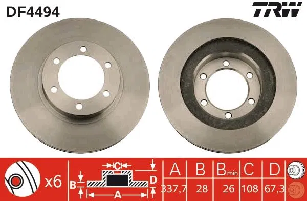 43512-60150 Fren Diski Ön Hava Kanallı, Boyalı, 6 Bijon, 338 Mm Toyota Land Cruiser Prado 4.0 02-10 | DF4494 TRW