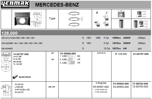 Kit Q128.0MM (STD)-MERCEDES-OM 441 La Euro 1-OM 44 | 71-08762-000 YENMAK