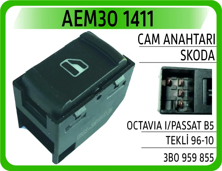 3B0959855 Cam Anahtarı Skoda Octavia I/PASSAT B5 Sağ 96-10 | 1411 AEM