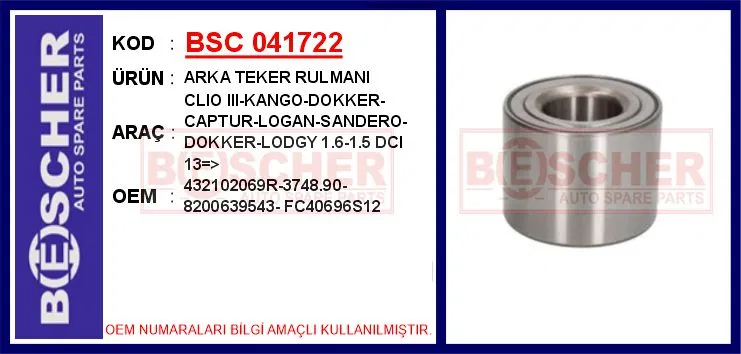 432102069R Arka Teker Rulmanı Clio III-KANGO-DOKKER-CAPTUR-LO | 041722 BESCHER