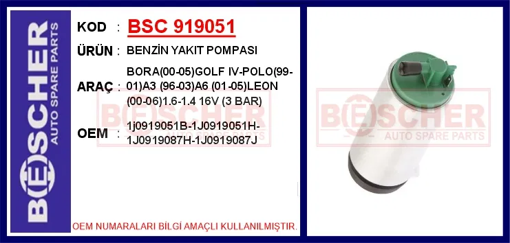 1j0919051B Benzin Yakıt Pompası BORA(00-05)GOLF IV-POLO99-01 | BESCHER