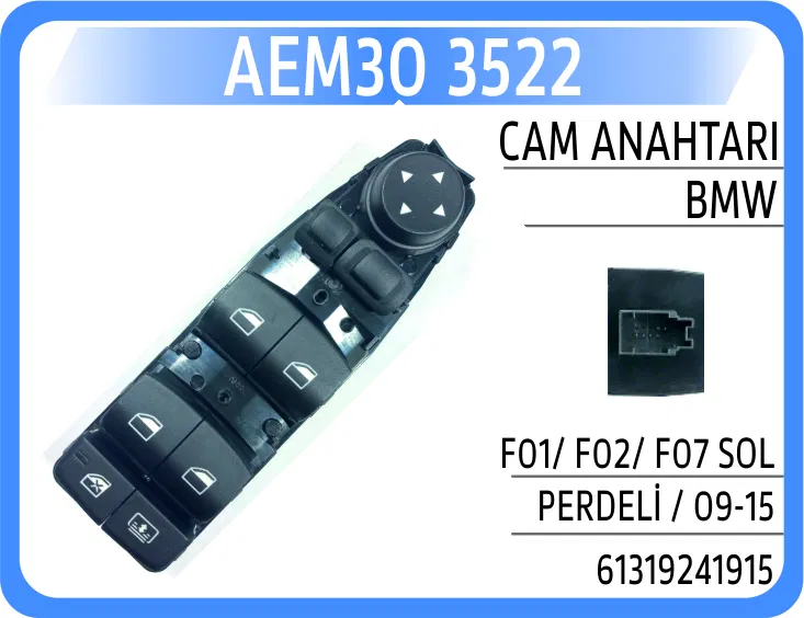 61319241915 Cam Anahtarı BMW F01/ F02/ F07 Sol Perdeli / 09-15 | 3522 AEM
