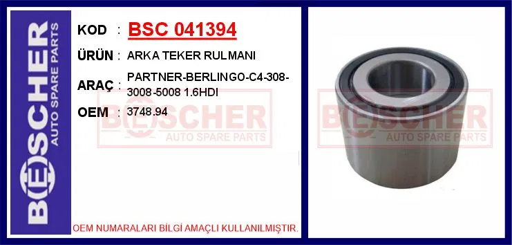 3748.94 Arka Teker Rulmanı PARTNER-BERLINGO-C4-308-3008-50 | 041394 BESCHER