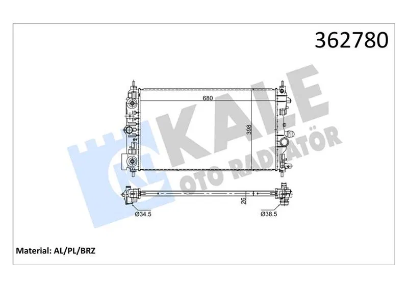 39074661 Su Radyatörü Opel Astra J 1.7/2.0CDTI 09-15, Zafira C 2.0CDTI 11-, Cascada, Chevrolet Cruze 1.7TD 12- (At) Brazıng 680X398X26 | 362780 KALE
