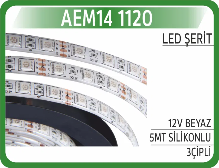 Led Şerit 12V Beyaz 5MT Silikonlu 3ÇİPLİ | AEM14-1120 AEM