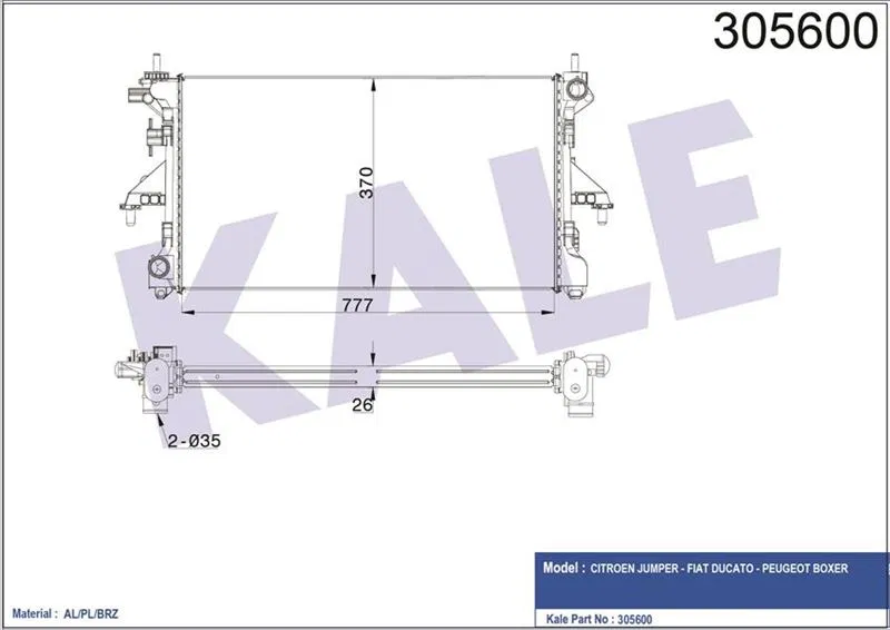 1330.Q5 Su Radyatörü Peugeot Boxer, Citroen Jumper, Fiat Ducato 3.0HDI 11- Brazıng 777X370X26 | 2052031AB KALE