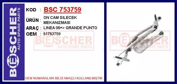 51753759 Ön Cam Silecek Mekanizması (Motorsuz) Fiat Linea 0 | BESCHER