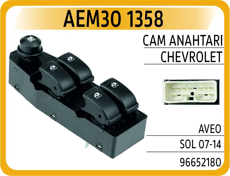 96652180 Cam Düğmesi (Anahtarı) Ön Sol Sürücü Chevrolet | 1358 AEM