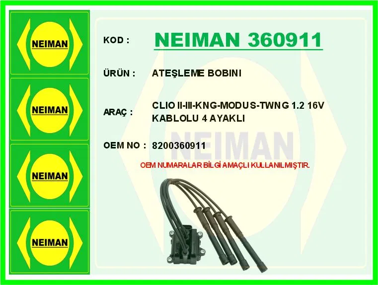 8200360911 Ateşleme Bobini Clio II-III-Kng-Modus-Twng 1.2 | 360911 NEIMAN