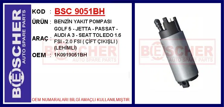 1K0919051BH Benzin Yakıt Pompası Golf 5 - Jetta - Passat - Aud | BESCHER