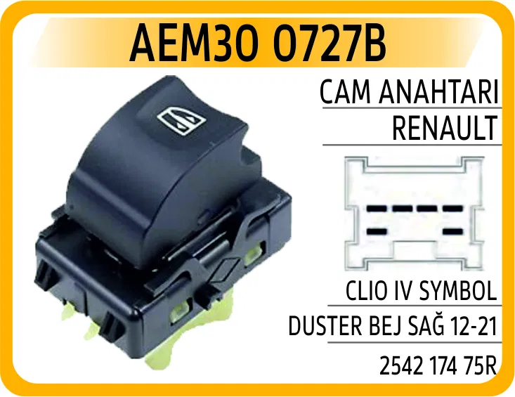 254217475R Cam Anahtarı Clio IV Symbol Duster Bej Sağ 6P | 0727B AEM