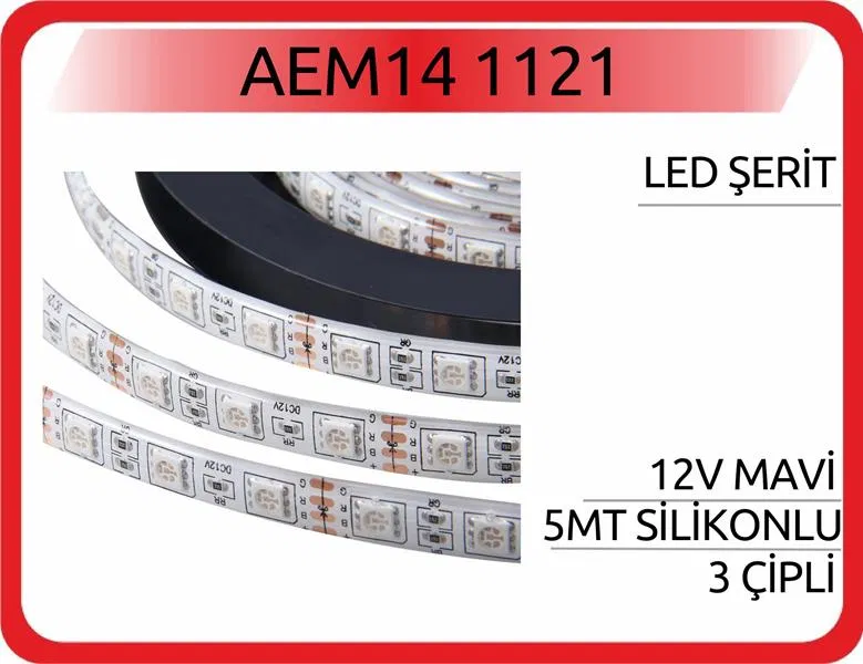 Led Şerit 12V Mavi 5MT Silikonlu 3 Çipli | AEM14-1121 AEM