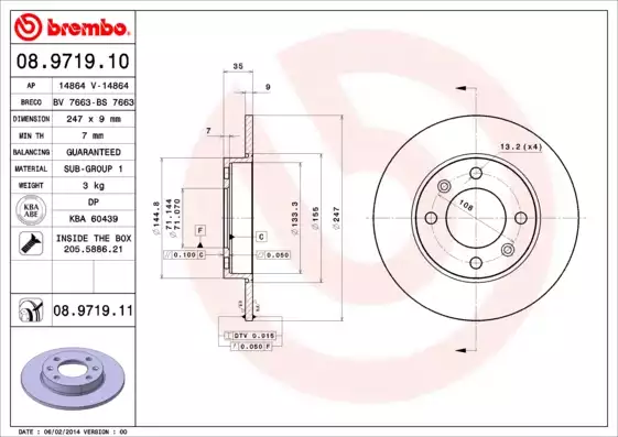 Fren Disk Arka Partner 1.6 HDI 08>C3 1.4 1.6 16V 02> P307 1.4 1.6 2.0HDI 1.4HDI Sw 1.6 2.0HDI | 08.9719.10 BREMBO