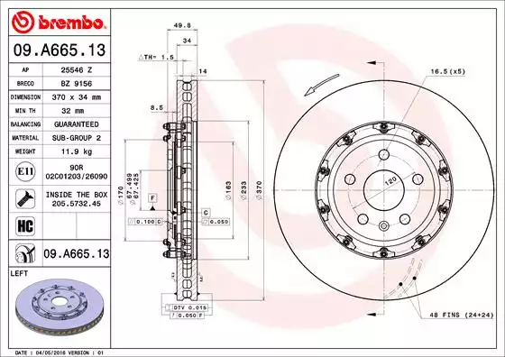 Fren Diski Sol Ön 370MM | 09.A665.13 BREMBO