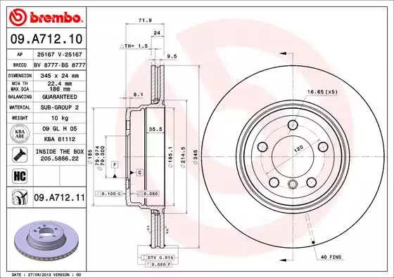Fren Diski Arka 345MM | 09.A712.11 BREMBO
