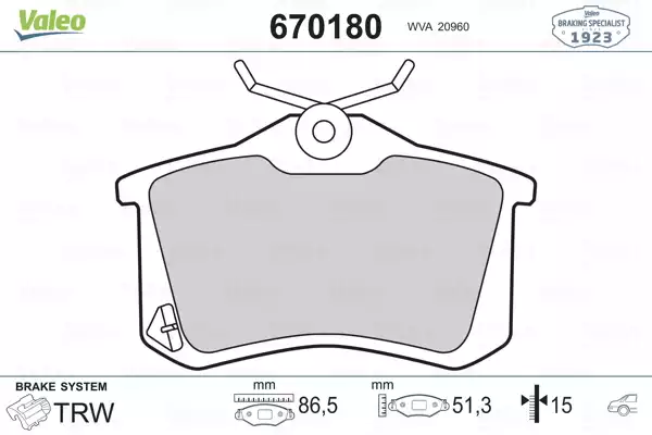 Arka Fren BALATASI-KABLOSUZ 15MM (Renault Megane II / Peugeot 307 Citroen C3 / C4 - VW Caddy 04-15 Golf 84-16 Passat 97-05 Po | 670180 VALEO