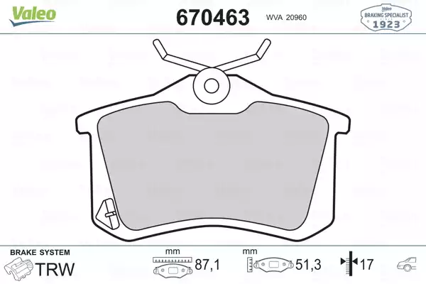 Arka Fren BALATASI-KABLOSUZ 17MM (Renault Megane II / Peugeot 307 Citroen C3 / C4 - VW Caddy 04-15 Golf 84-16 Passat 97-05 Po | 670463 VALEO