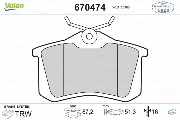 Arka Fren BALATASI-KABLOSUZ 19MM (Renault Megane II / Peugeot 307 Citroen C3 / C4 - VW Caddy 04-15 Golf 84-16 Passat 97-05 Po | 670474 VALEO
